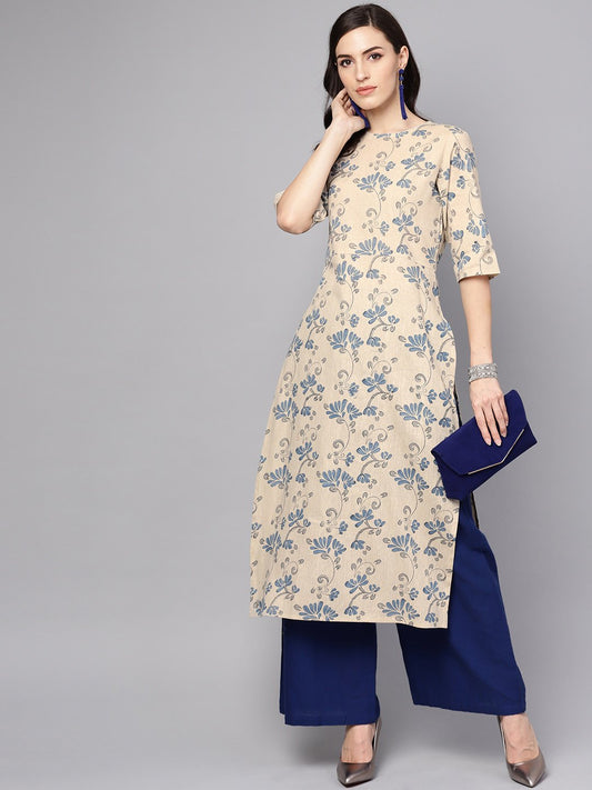 Grey & Blue Printed Half Sleeve Cotton Kurta | LASVINI - Redefining Indian Fashion with Elegance