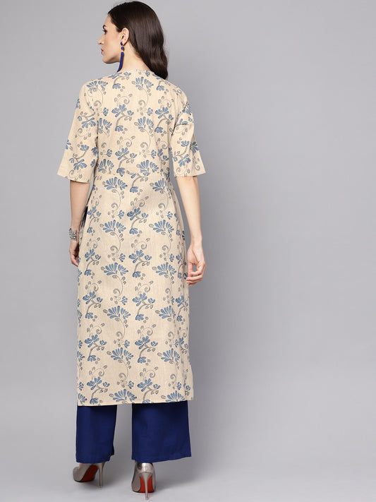 Grey & Blue Printed Half Sleeve Cotton Kurta | LASVINI - Redefining Indian Fashion with Elegance