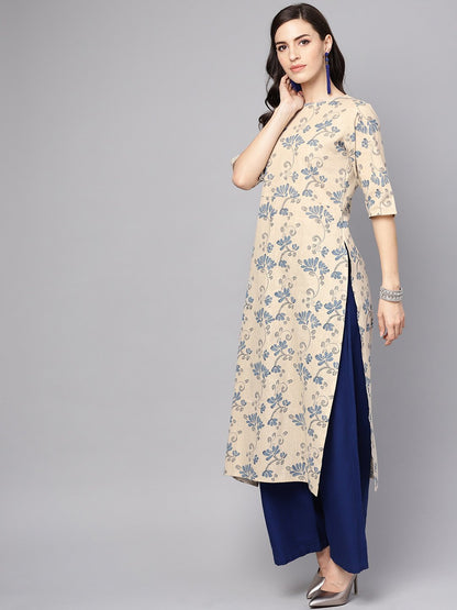 Grey & Blue Printed Half Sleeve Cotton Kurta | LASVINI - Redefining Indian Fashion with Elegance