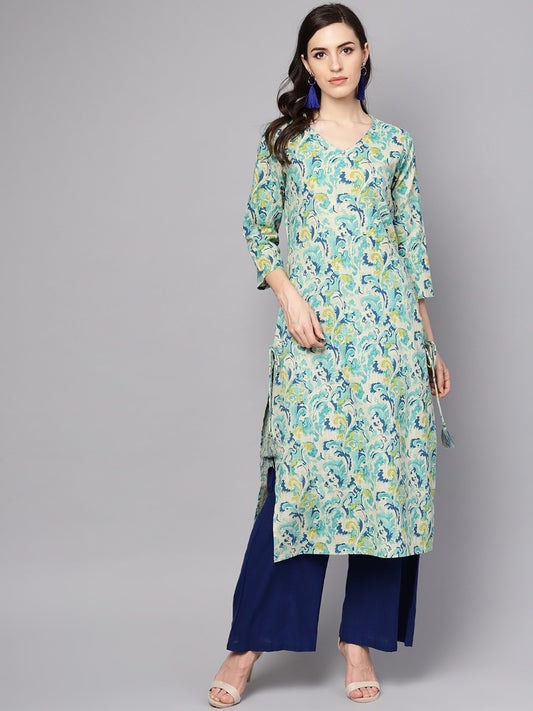 Green Printed 3/4Th Sleeve Cotton Printed Kurta | LASVINI - Redefining Indian Fashion with Elegance