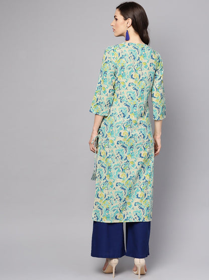 Green Printed 3/4Th Sleeve Cotton Printed Kurta | LASVINI - Redefining Indian Fashion with Elegance
