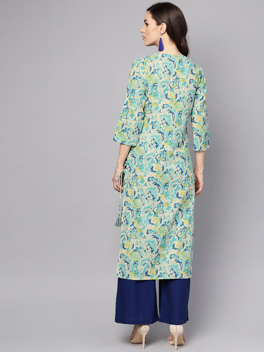 Green Printed 3/4Th Sleeve Cotton Printed Kurta | LASVINI - Redefining Indian Fashion with Elegance