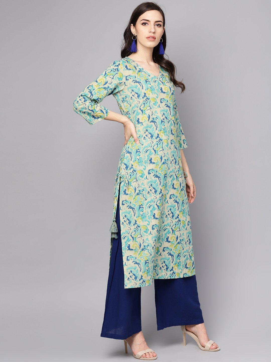Green Printed 3/4Th Sleeve Cotton Printed Kurta | LASVINI - Redefining Indian Fashion with Elegance