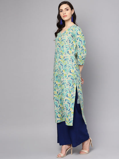 Green Printed 3/4Th Sleeve Cotton Printed Kurta | LASVINI - Redefining Indian Fashion with Elegance