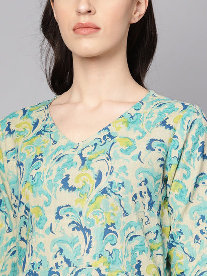Green Printed 3/4Th Sleeve Cotton Printed Kurta | LASVINI - Redefining Indian Fashion with Elegance