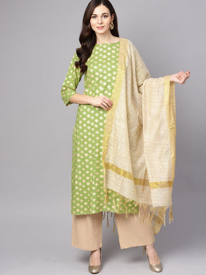 Green 3/4Th Sleeve Rayon Kurta With Beige Palazzo And Dupatta | LASVINI - Redefining Indian Fashion with Elegance