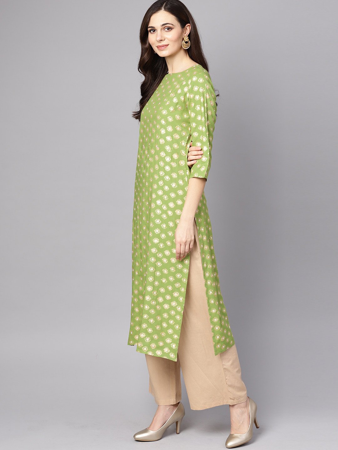 Green 3/4Th Sleeve Rayon Kurta With Beige Palazzo And Dupatta | LASVINI - Redefining Indian Fashion with Elegance