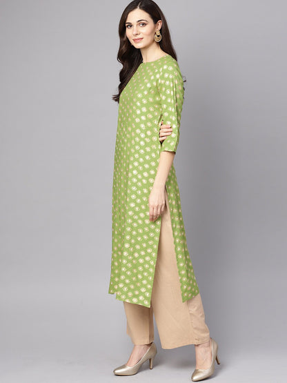 Green 3/4Th Sleeve Rayon Kurta With Beige Palazzo And Dupatta | LASVINI - Redefining Indian Fashion with Elegance