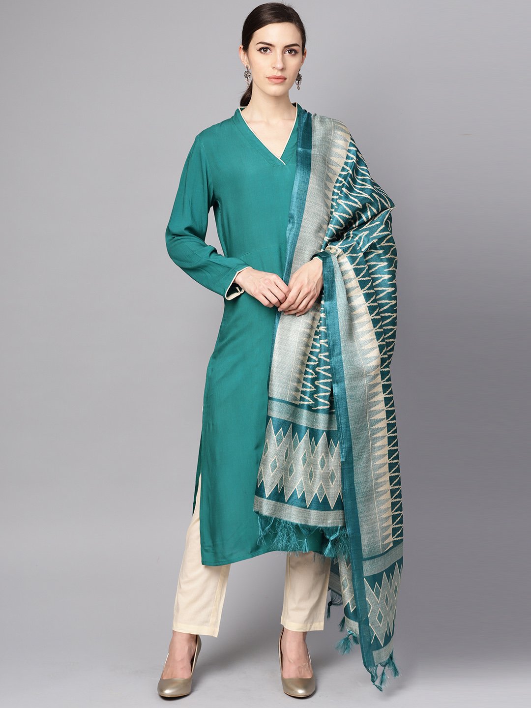 Teal Blue 3/4Th Sleeve Cotton Kurta With Beige Palazzo And Printed Dupatta | LASVINI - Redefining Indian Fashion with Elegance