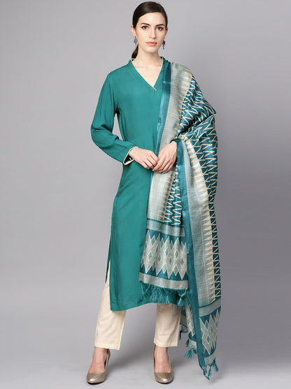 Teal Blue 3/4Th Sleeve Cotton Kurta With Beige Palazzo And Printed Dupatta | LASVINI - Redefining Indian Fashion with Elegance