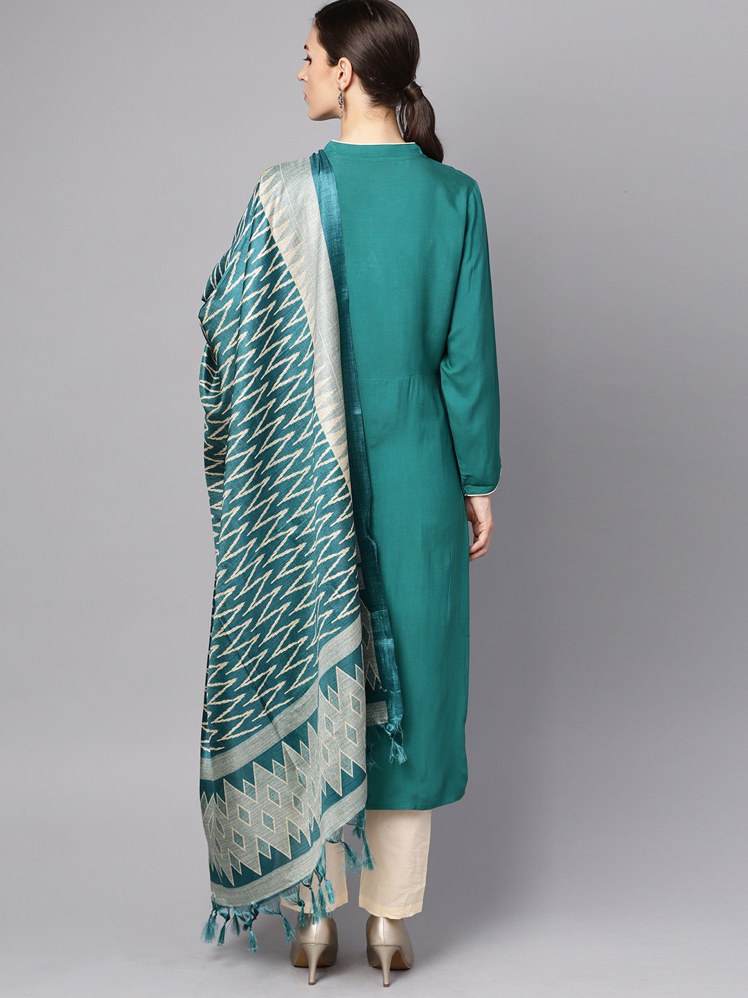 Teal Blue 3/4Th Sleeve Cotton Kurta With Beige Palazzo And Printed Dupatta | LASVINI - Redefining Indian Fashion with Elegance