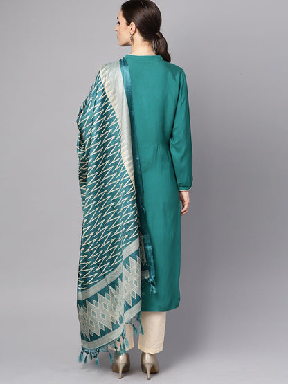 Teal Blue 3/4Th Sleeve Cotton Kurta With Beige Palazzo And Printed Dupatta | LASVINI - Redefining Indian Fashion with Elegance