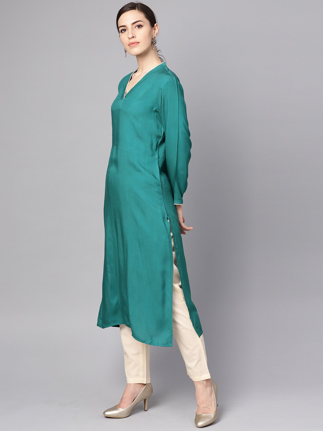 Teal Blue 3/4Th Sleeve Cotton Kurta With Beige Palazzo And Printed Dupatta | LASVINI - Redefining Indian Fashion with Elegance