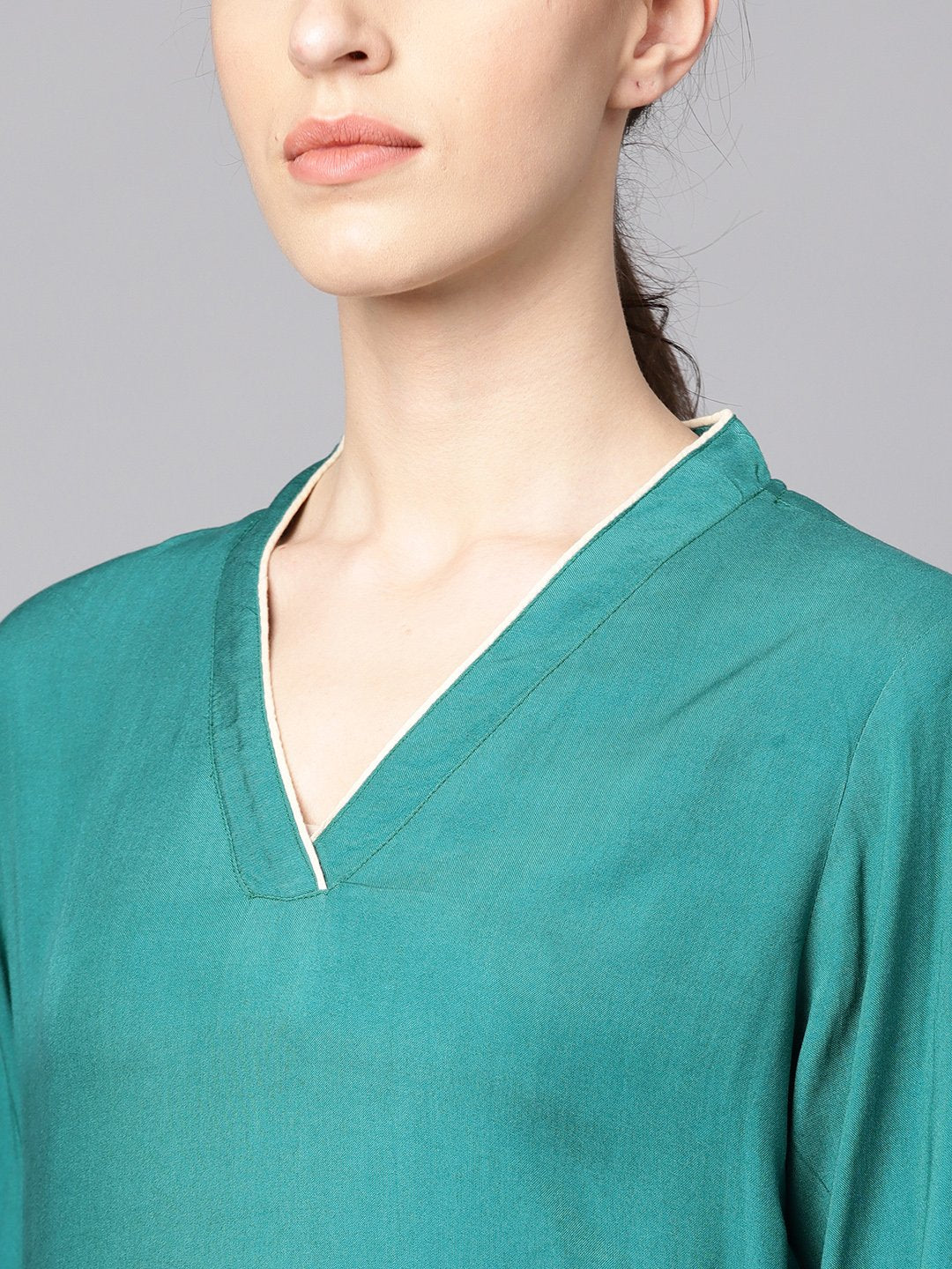 Teal Blue 3/4Th Sleeve Cotton Kurta With Beige Palazzo And Printed Dupatta | LASVINI - Redefining Indian Fashion with Elegance