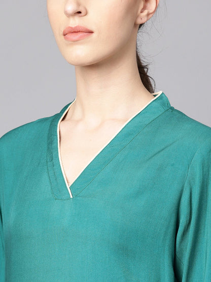 Teal Blue 3/4Th Sleeve Cotton Kurta With Beige Palazzo And Printed Dupatta | LASVINI - Redefining Indian Fashion with Elegance