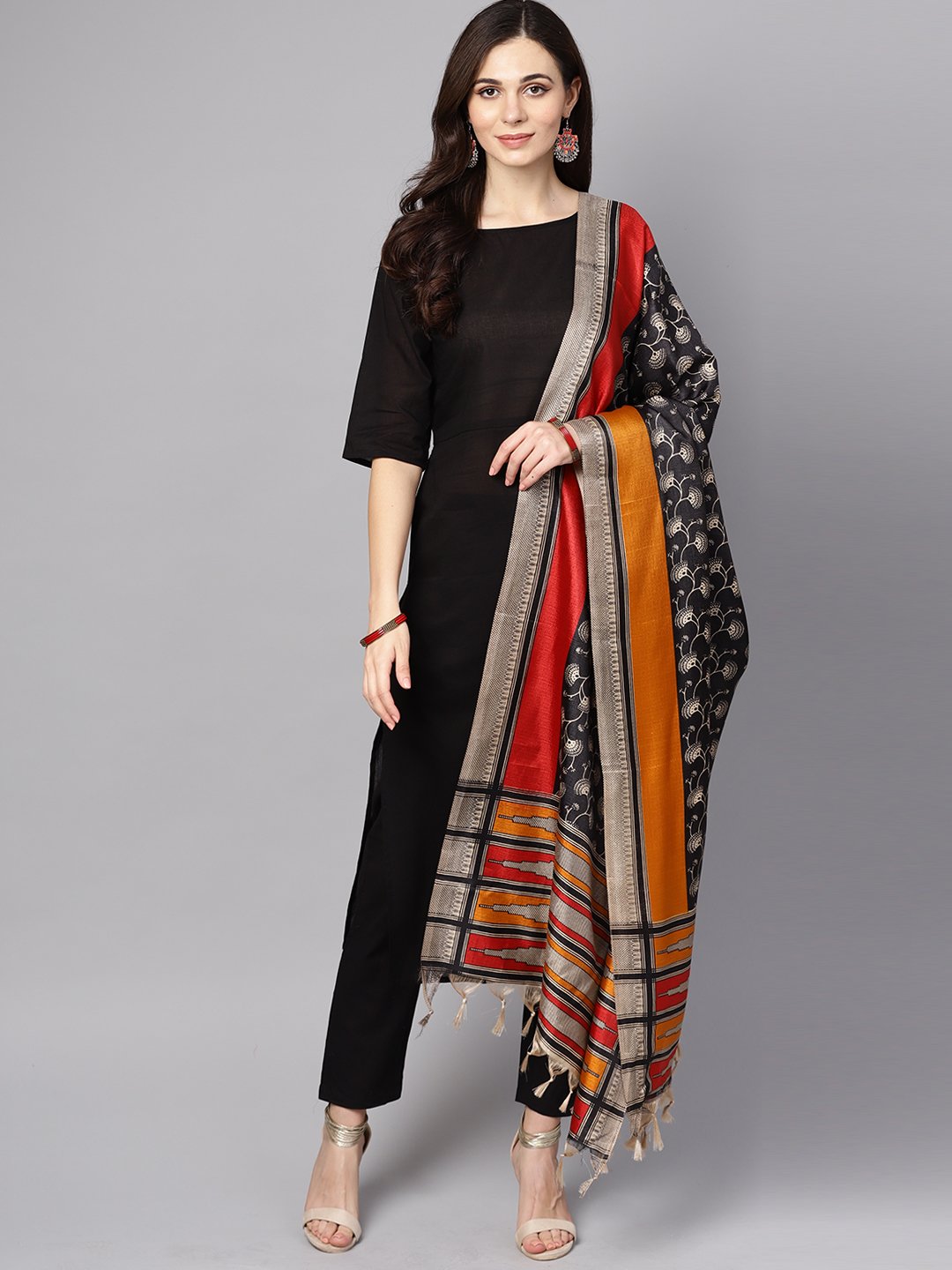 Black 3/4Th Sleeve Cotton Kurta With Palazzo And Printed Dupatta | LASVINI - Redefining Indian Fashion with Elegance