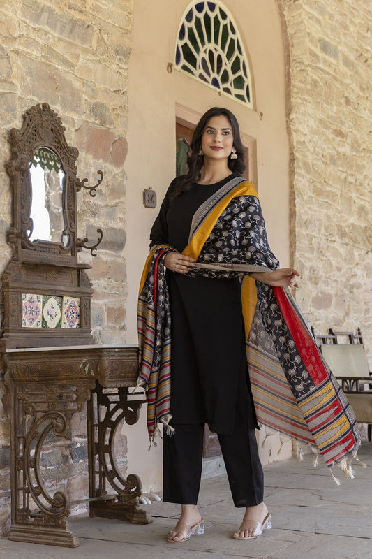 Women Black Kurta With Trouser And Printed Dupatta | LASVINI - Redefining Indian Fashion with Elegance