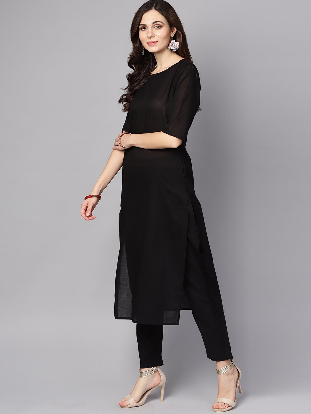 Black 3/4Th Sleeve Cotton Kurta With Palazzo And Printed Dupatta | LASVINI - Redefining Indian Fashion with Elegance