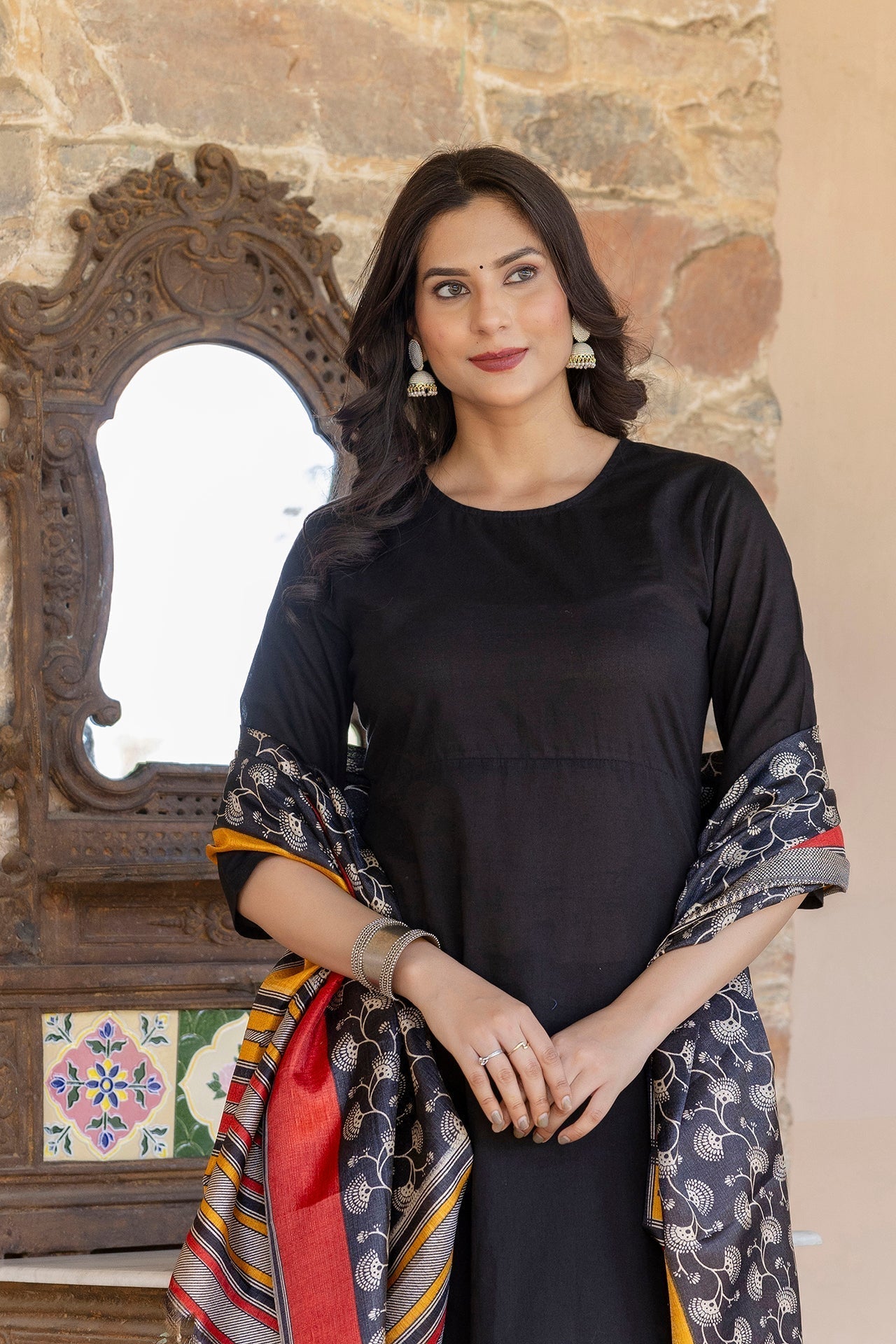 Women Black Kurta With Trouser And Printed Dupatta | LASVINI - Redefining Indian Fashion with Elegance