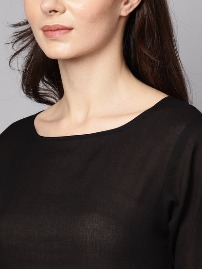 Black 3/4Th Sleeve Cotton Kurta With Palazzo And Printed Dupatta | LASVINI - Redefining Indian Fashion with Elegance