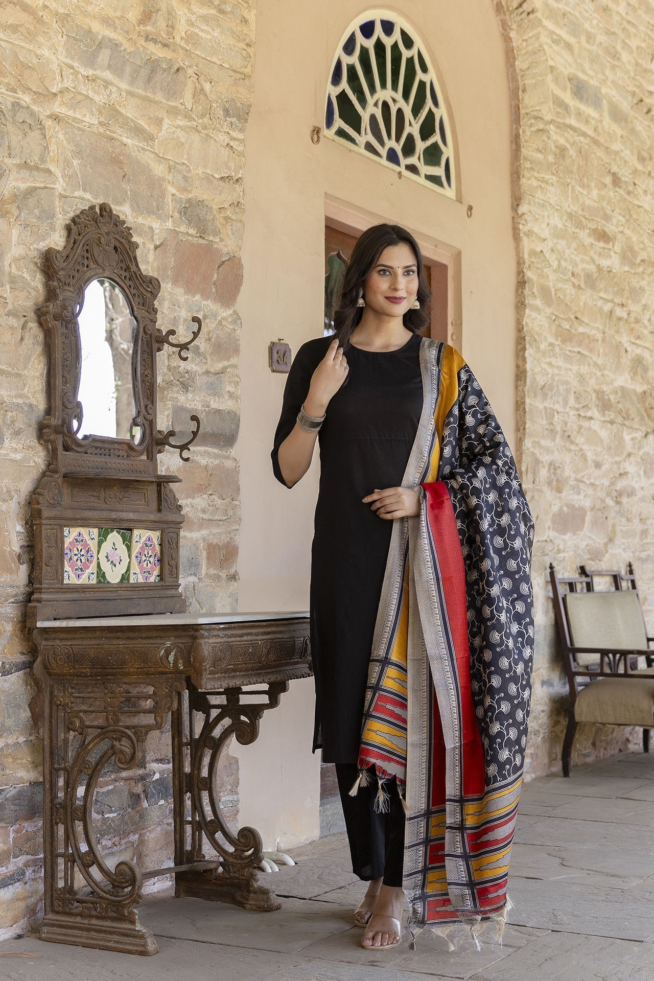 Women Black Kurta With Trouser And Printed Dupatta | LASVINI - Redefining Indian Fashion with Elegance