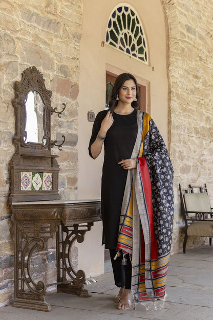 Women Black Kurta With Trouser And Printed Dupatta | LASVINI - Redefining Indian Fashion with Elegance