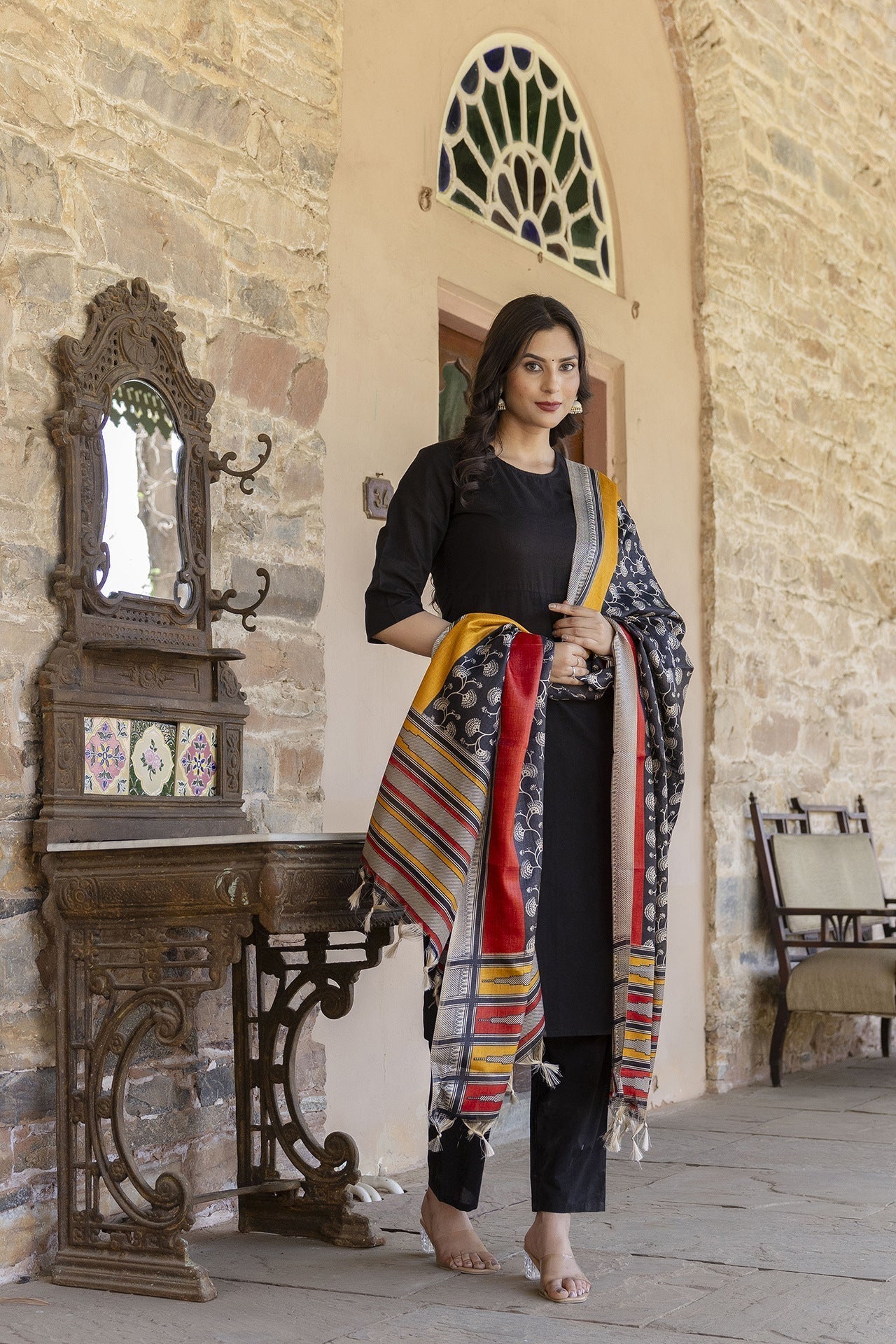Women Black Kurta With Trouser And Printed Dupatta | LASVINI - Redefining Indian Fashion with Elegance