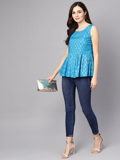 Light Blue Sleevless A-Line Rayon Crop Top | LASVINI - Redefining Indian Fashion with Elegance