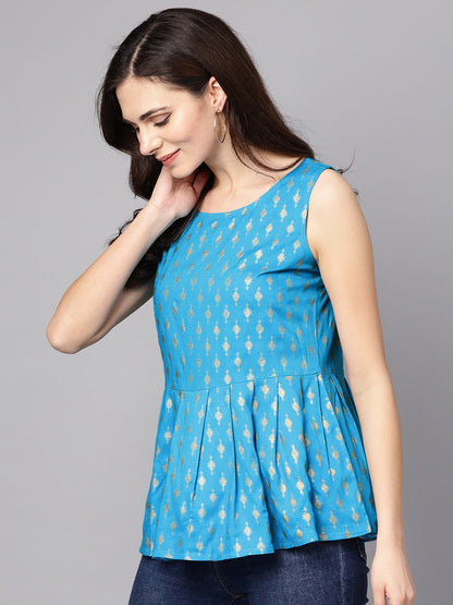 Light Blue Sleevless A-Line Rayon Crop Top | LASVINI - Redefining Indian Fashion with Elegance