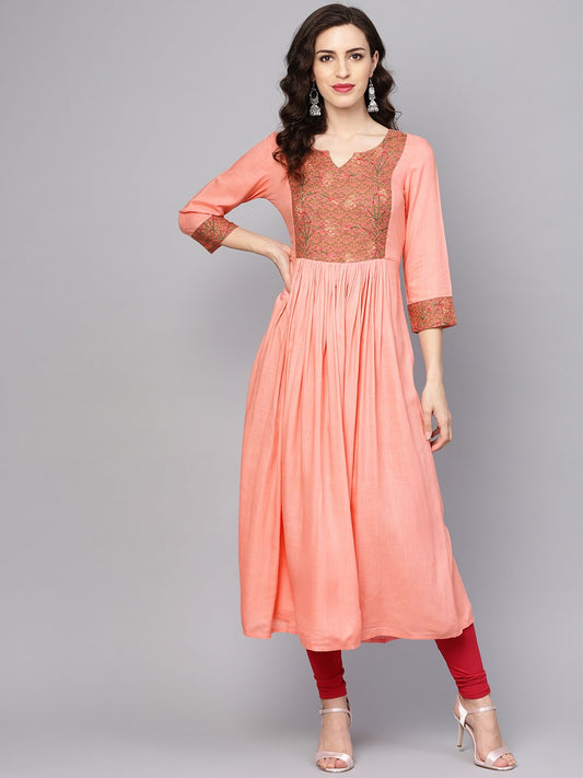 Solid Peach 3/4Th Sleeve Rayon Maxi Dress | LASVINI - Redefining Indian Fashion with Elegance