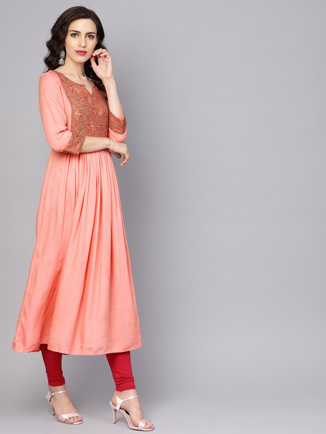 Solid Peach 3/4Th Sleeve Rayon Maxi Dress | LASVINI - Redefining Indian Fashion with Elegance