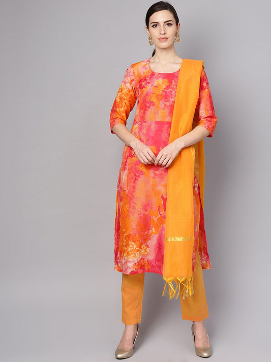 Red Printed Half Sleeve Cotton Kurta With Yellow Palazzo & Dupatta | LASVINI - Redefining Indian Fashion with Elegance