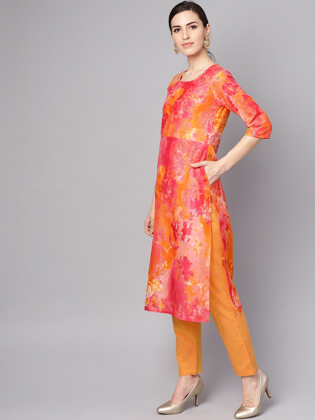 Red Printed Half Sleeve Cotton Kurta With Yellow Palazzo & Dupatta | LASVINI - Redefining Indian Fashion with Elegance