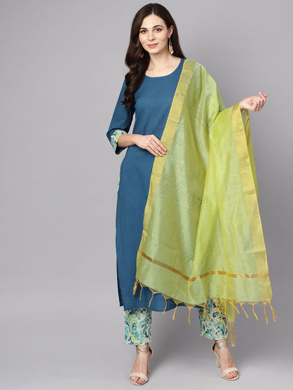 Blue Printed 3/4Th Sleeve Cotton Kurta With Printed Palazzo And Dupatta | LASVINI - Redefining Indian Fashion with Elegance