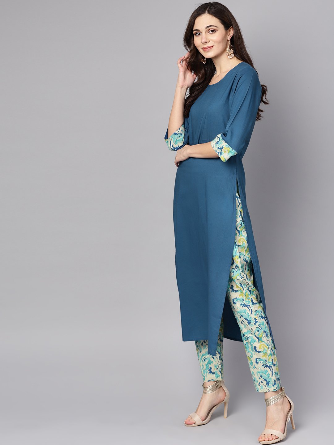 Blue Printed 3/4Th Sleeve Cotton Kurta With Printed Palazzo And Dupatta | LASVINI - Redefining Indian Fashion with Elegance