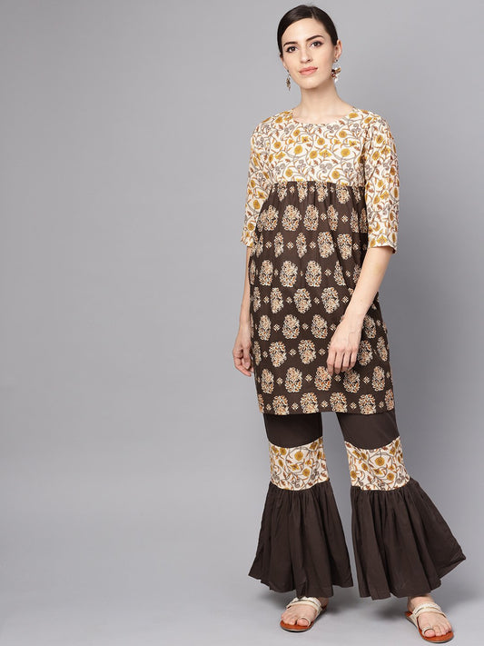 Black & Beige Printed Kurti With Printed Sharara | LASVINI - Redefining Indian Fashion with Elegance