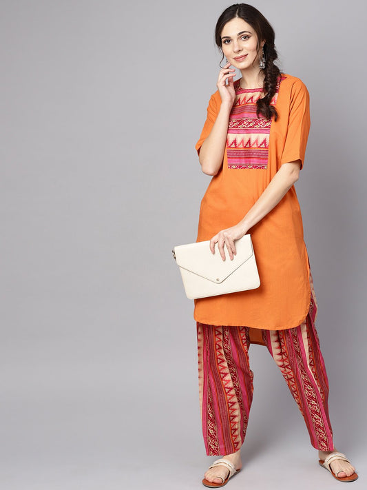 Women Orange & Pink Printed Kurta With Palazzos & Dupatta | LASVINI - Redefining Indian Fashion with Elegance