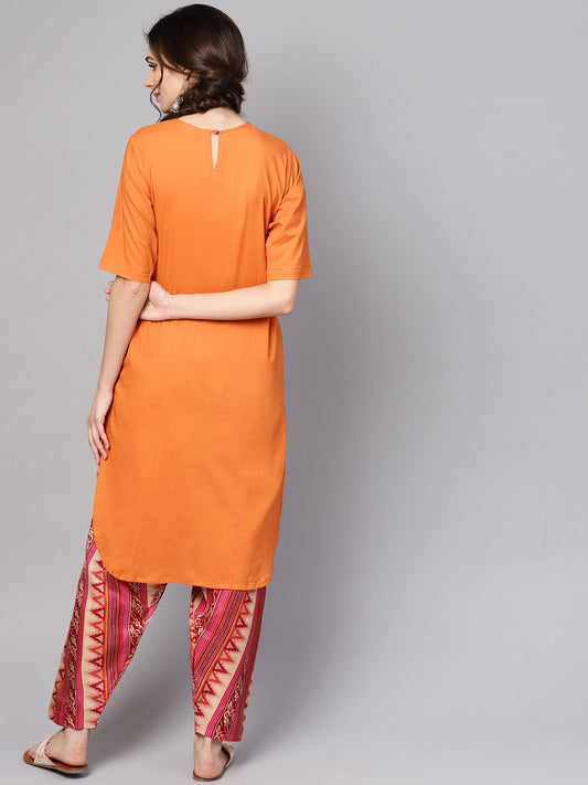 Women Orange & Pink Printed Kurta With Palazzos & Dupatta | LASVINI - Redefining Indian Fashion with Elegance