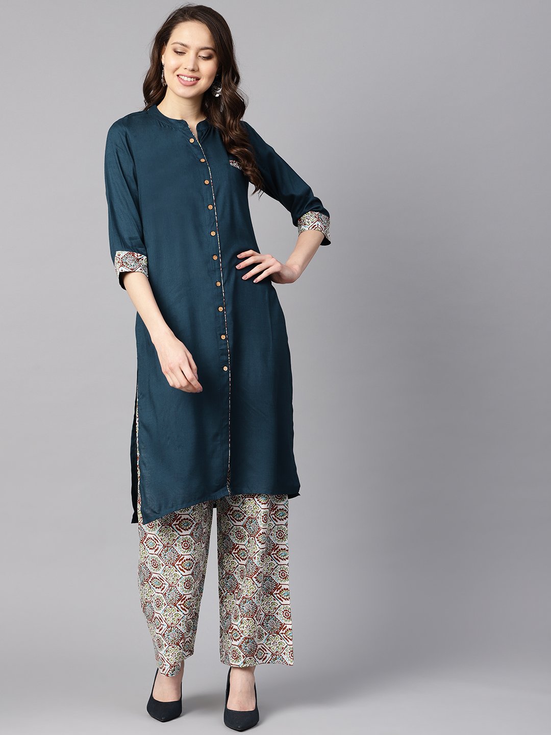 Solid Dark Blue Rayon Straight Kurta With Printed Pocket And Cotton Printed Palazzo | LASVINI - Redefining Indian Fashion with Elegance