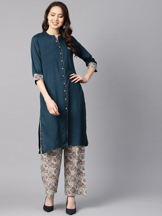 Solid Dark Blue Rayon Straight Kurta With Printed Pocket And Cotton Printed Palazzo | LASVINI - Redefining Indian Fashion with Elegance