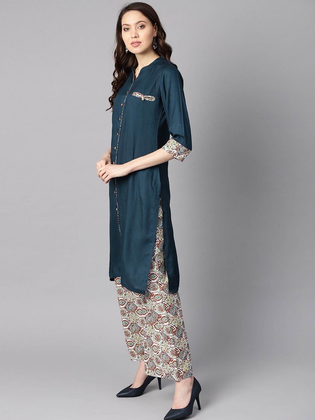 Solid Dark Blue Rayon Straight Kurta With Printed Pocket And Cotton Printed Palazzo | LASVINI - Redefining Indian Fashion with Elegance