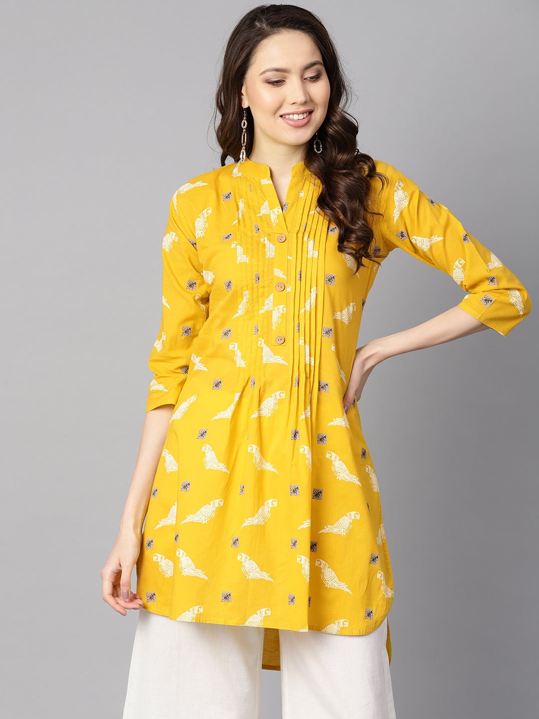 Mustard Yellow White Khadi Bird Print Kurta With Pleats Detailing | LASVINI - Redefining Indian Fashion with Elegance