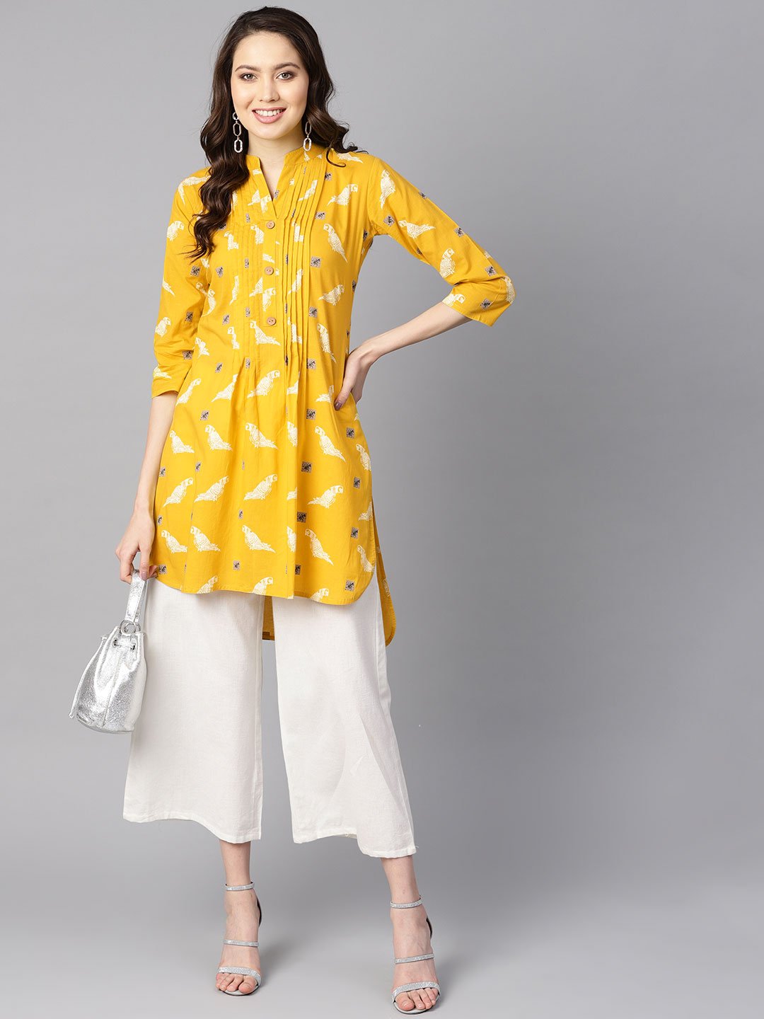 Mustard Yellow White Khadi Bird Print Kurta With Pleats Detailing | LASVINI - Redefining Indian Fashion with Elegance