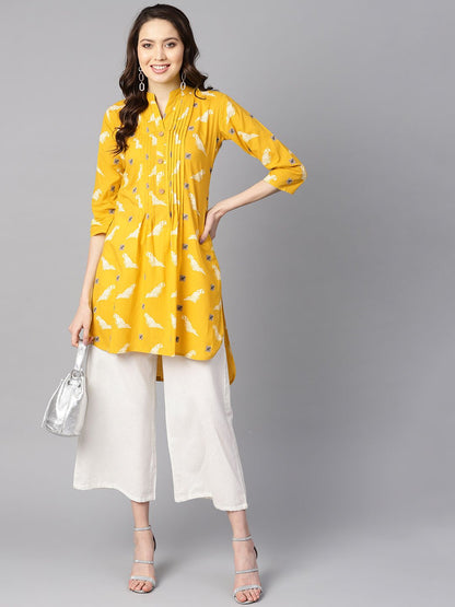 Mustard Yellow White Khadi Bird Print Kurta With Pleats Detailing | LASVINI - Redefining Indian Fashion with Elegance