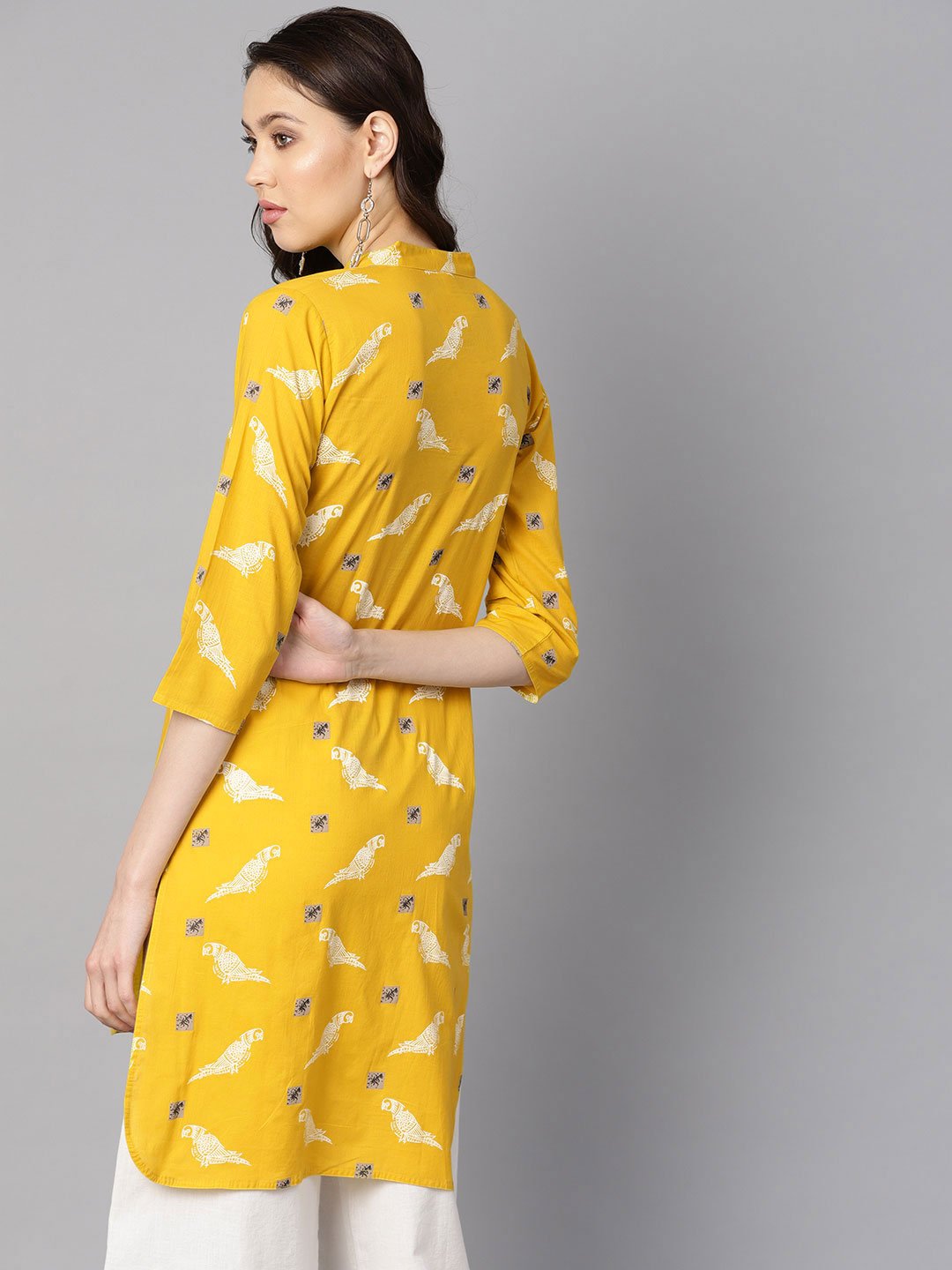 Mustard Yellow White Khadi Bird Print Kurta With Pleats Detailing | LASVINI - Redefining Indian Fashion with Elegance