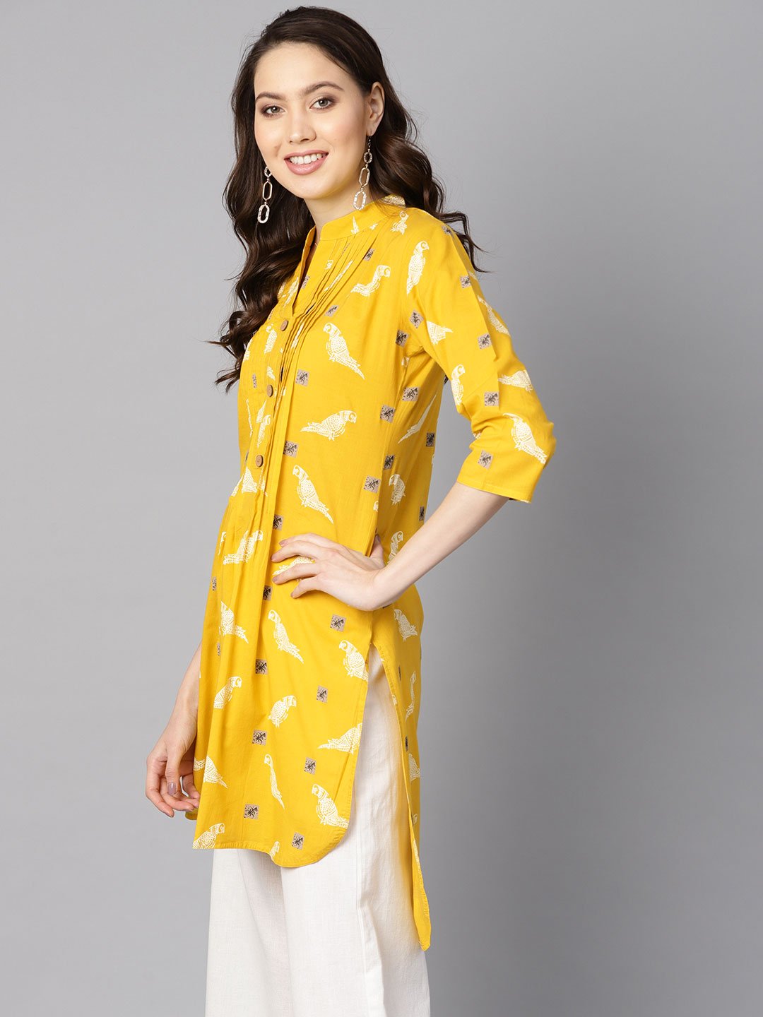 Mustard Yellow White Khadi Bird Print Kurta With Pleats Detailing | LASVINI - Redefining Indian Fashion with Elegance