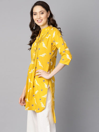 Mustard Yellow White Khadi Bird Print Kurta With Pleats Detailing | LASVINI - Redefining Indian Fashion with Elegance