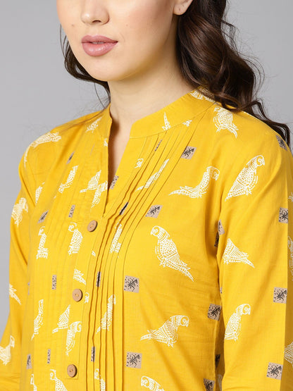Mustard Yellow White Khadi Bird Print Kurta With Pleats Detailing | LASVINI - Redefining Indian Fashion with Elegance