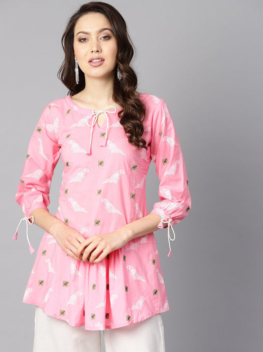 Bird Print White Khadi Light Pink Tunic With Dori Detailing | LASVINI - Redefining Indian Fashion with Elegance