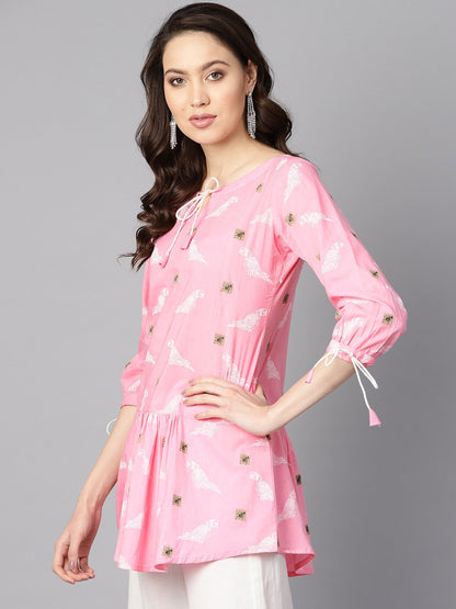 Bird Print White Khadi Light Pink Tunic With Dori Detailing | LASVINI - Redefining Indian Fashion with Elegance